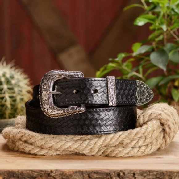 Bull Hide Belt Co Other - Bull Hide Belt Co. The Wayne Basket Weave Embossed Leather Belt Black Size 44